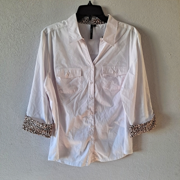 Cathy Daniels Tops - Cathy White button down shirt with leopard print sleeves